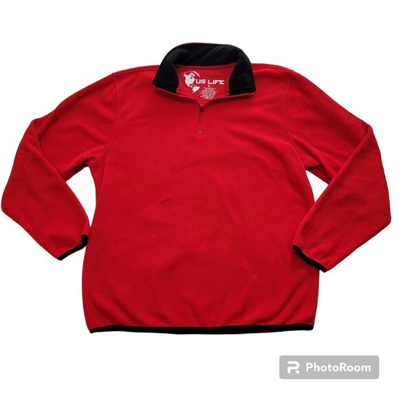 US Life Red Fleece Pullover Jacket 1/4 Zip Collar Logo Mens Large Black Trim - Picture 10 of 10